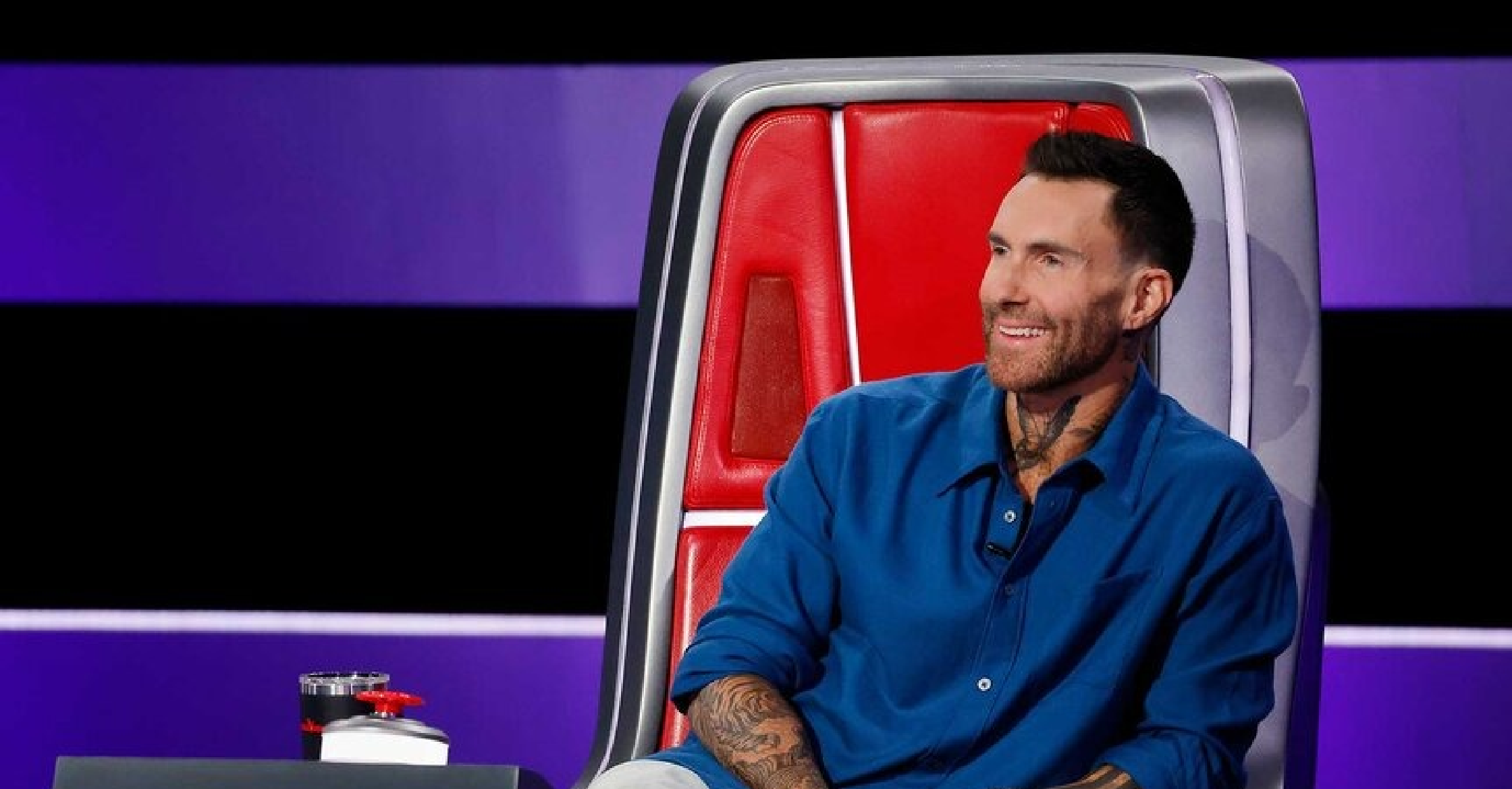 Adam Levine royal blue casual button-down shirt with left chest pocket and white contrast buttons from The Voice Season 29