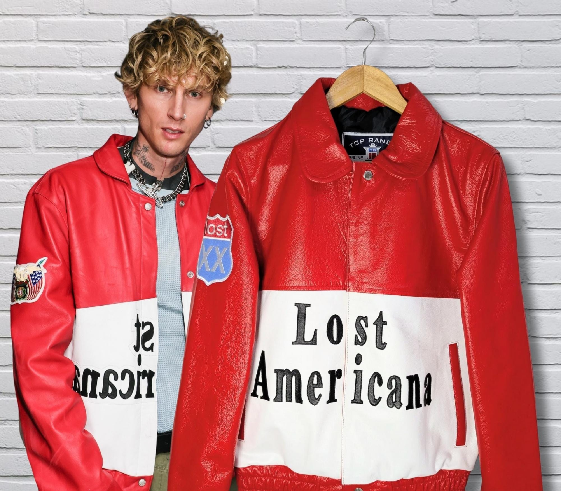 Machine Gun Kelly wearing red and white Lost Americana leather bomber jacket on The Tonight Show, featuring bold typography and Americana patch