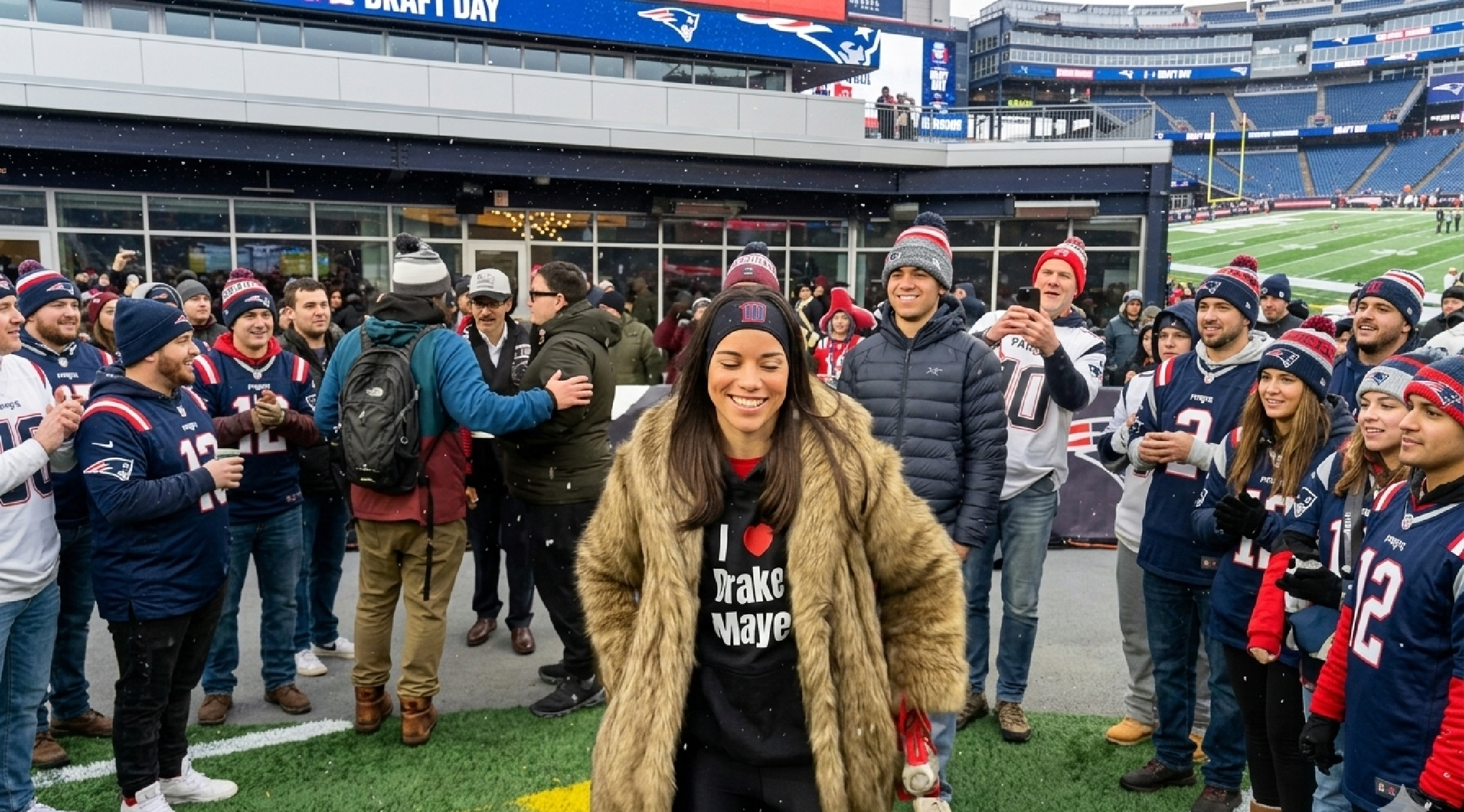 Black unisex crewneck T-shirt with bold white serif text reading 'I Love Drake Maye' and a red heart graphic, short sleeves, comfortable fit, ideal for football fans and game day.