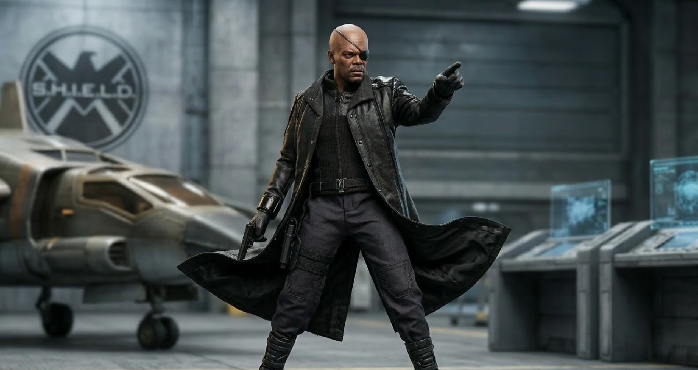 Avengers Nick Fury black leather trench coat with Mandarin collar, tactical design, and utility belt inspired by Marvel Cinematic Universe