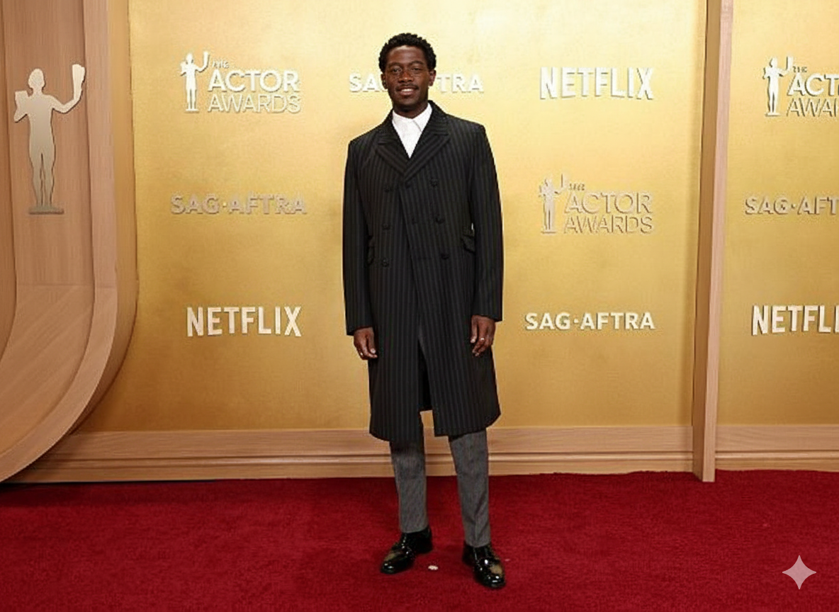 Damson Idris charcoal grey pinstripe long coat at the Netflix afterparty of the Screen Actors Guild Awards