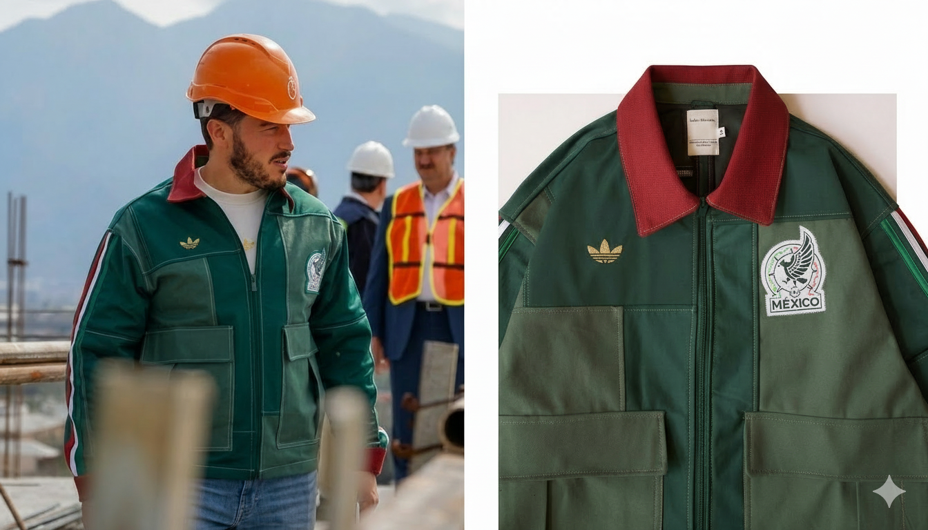 Mexico Worker 2026 green patchwork track jacket with Aztec pattern panels and white stripe sleeves