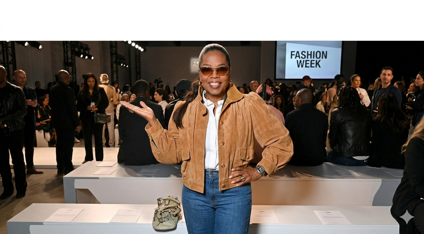 Oprah Winfrey Paris Fashion Week 2026 camel suede cropped swing jacket with puff sleeves
