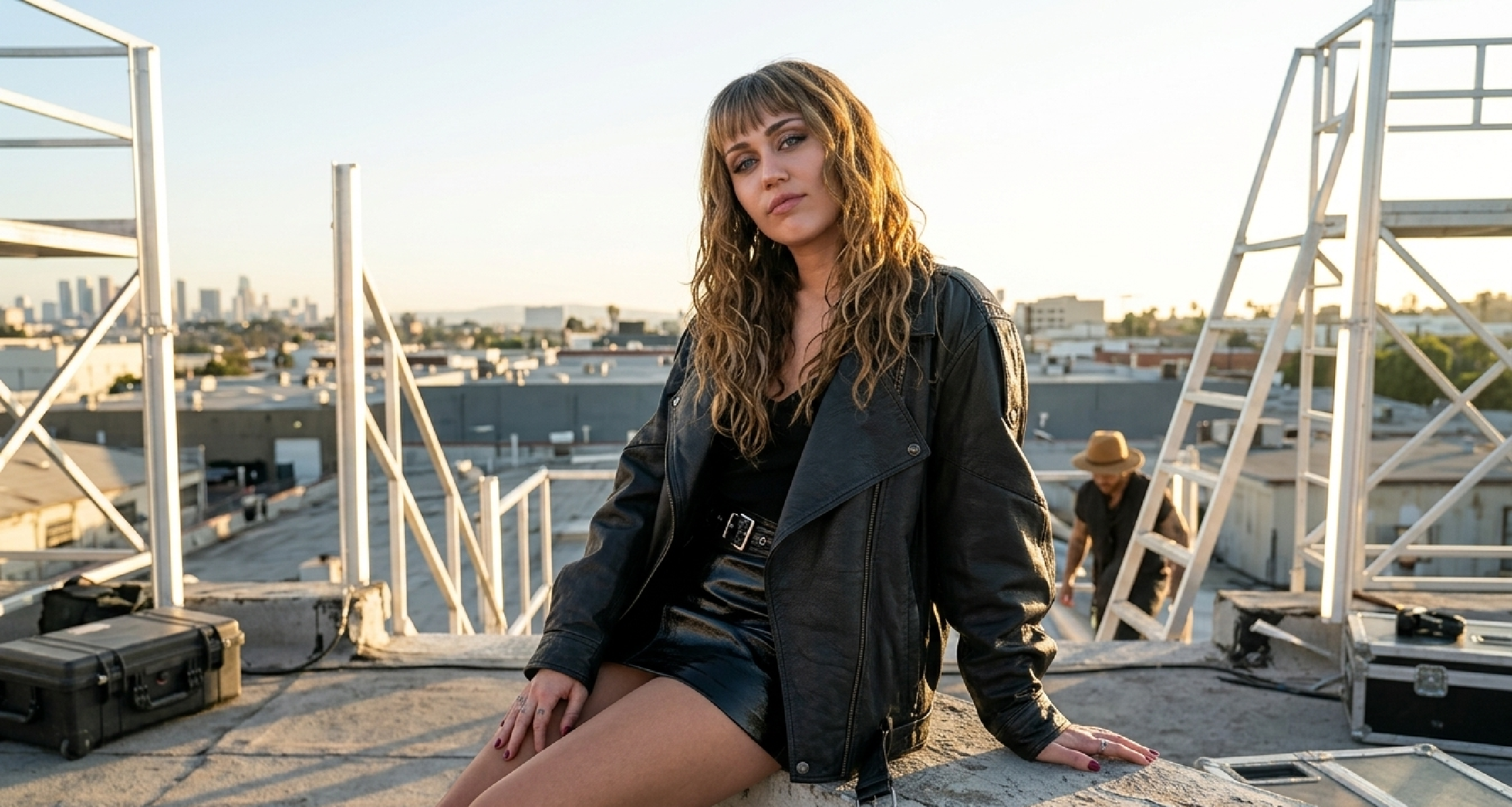 Miley Cyrus wearing oversized black leather jacket with all-black street-style outfit on New York rooftop