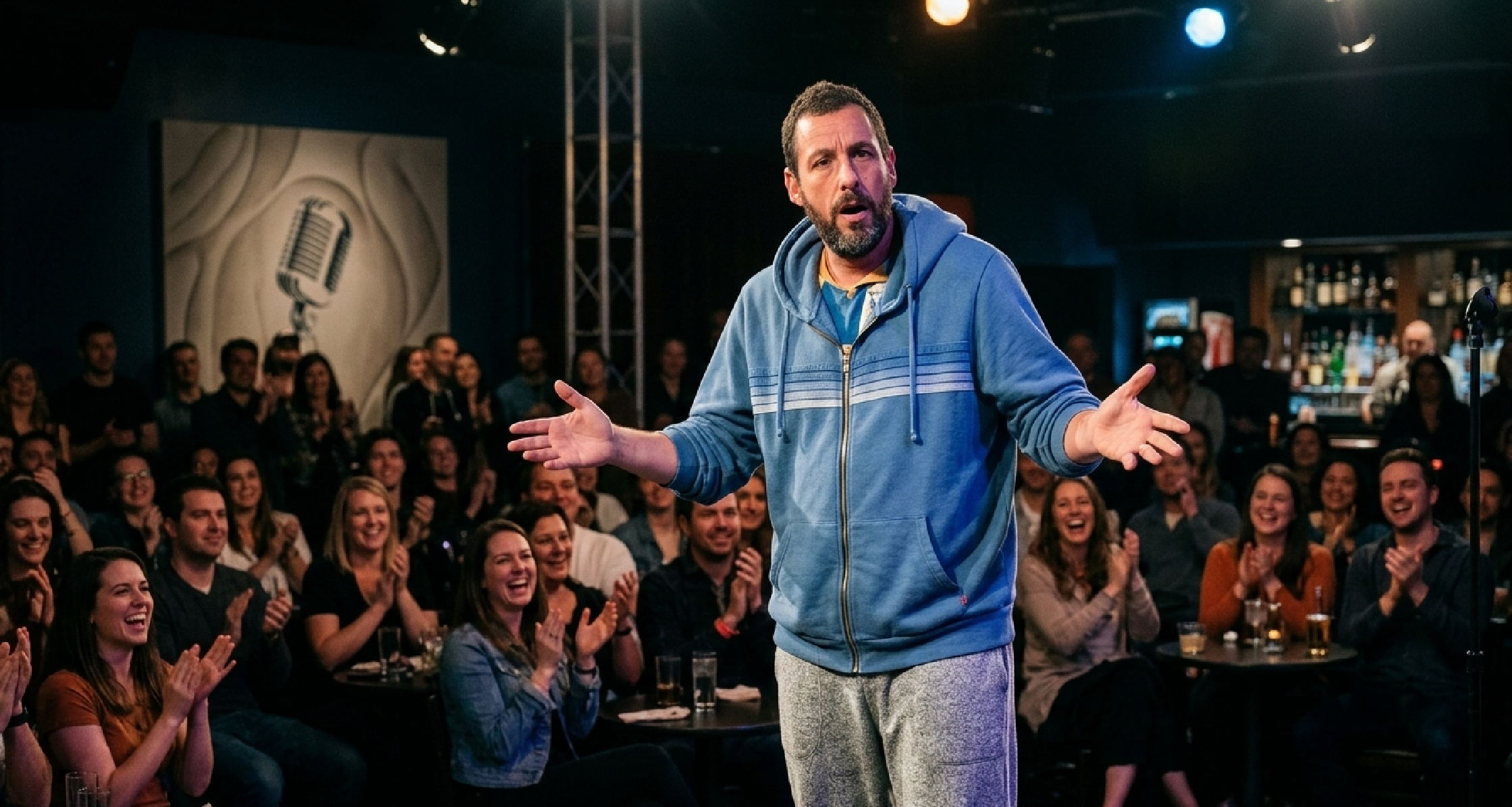 Adam Sandler wearing Minnesota Timberwolves vs LA Lakers blue zip-up hoodie courtside
