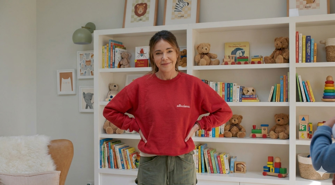 Shrinking S03 Christa Miller Altadena red oversized sweatshirt with embroidered details