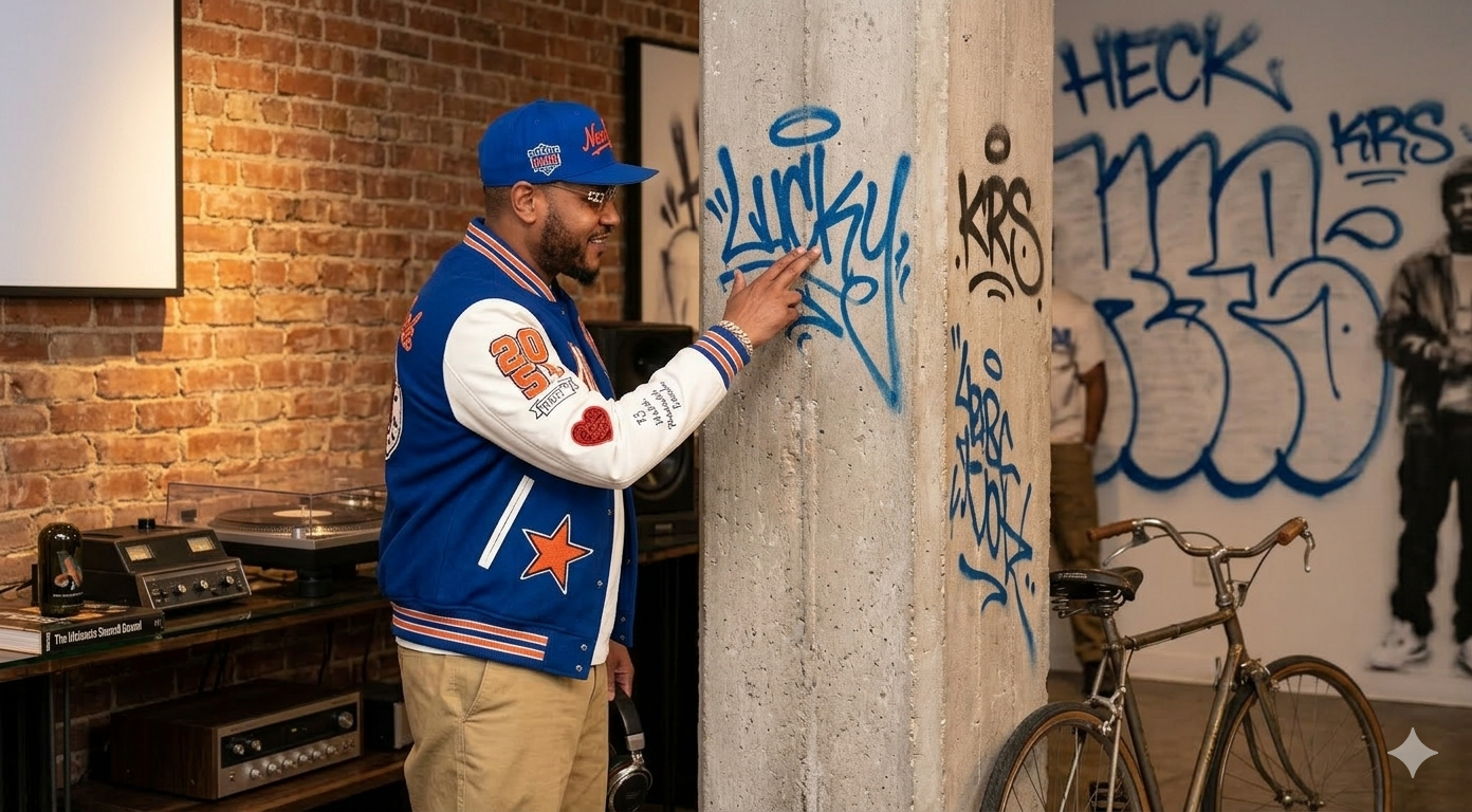 Carmelo x NYC Varsity Jacket royal blue wool body with cream leather sleeves and NYC patches