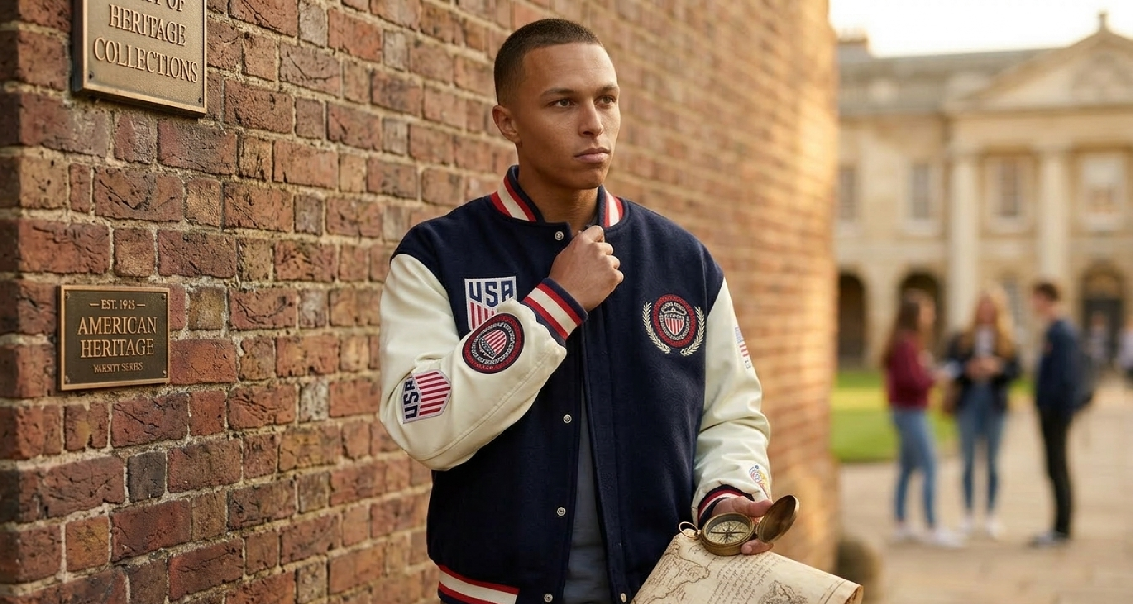 Pacsun U.S. Soccer x Jeff Hamilton varsity jacket with navy wool body, cream leather sleeves, patriotic USA patches, and tri-color ribbed trim