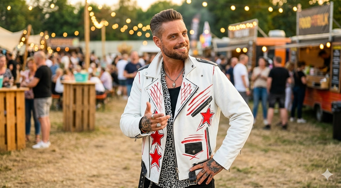 Flackstock Festival 2025 Keith Duffy Asymmetrical White Leather Biker Jacket with bold artistic details and festival-ready style