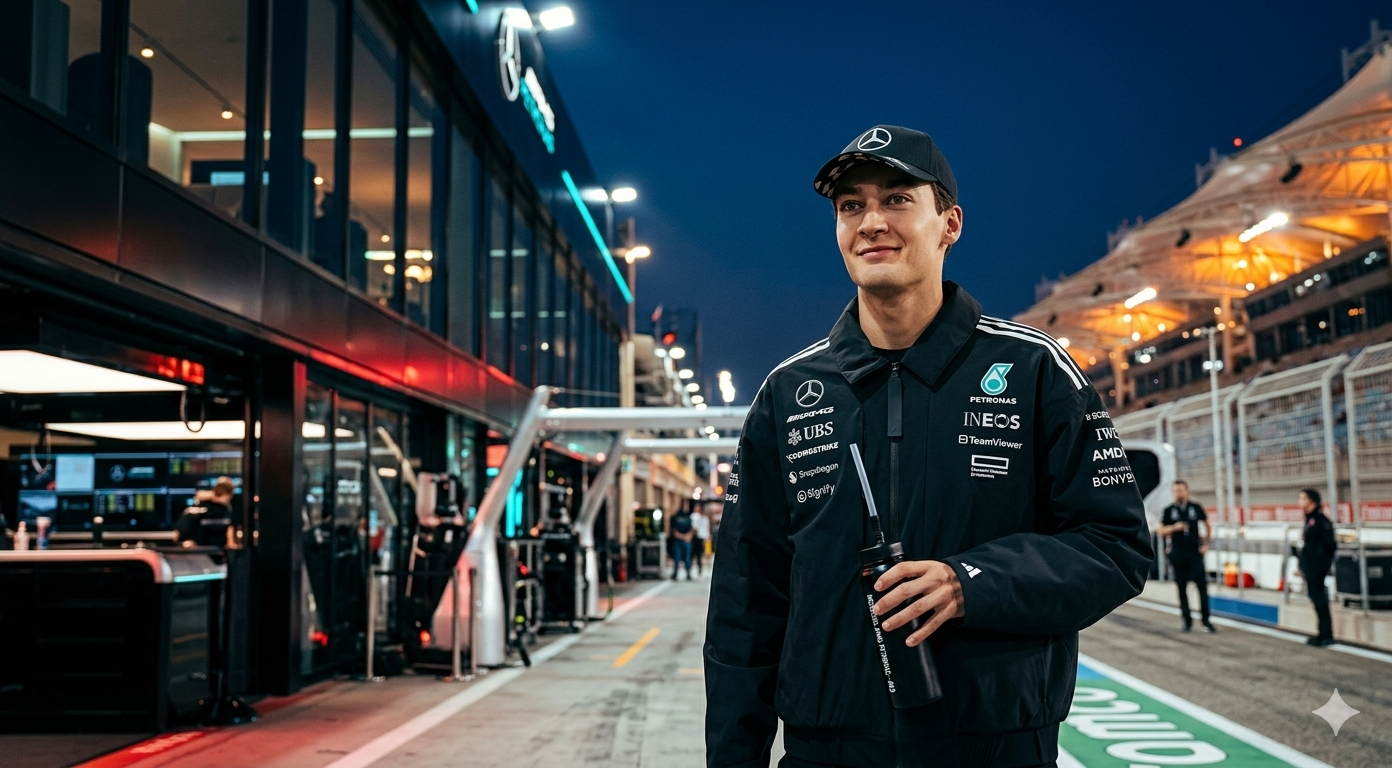George Russell F1 Las Vegas Grand Prix black team jacket with Mercedes Petronas logos and Adidas stripes