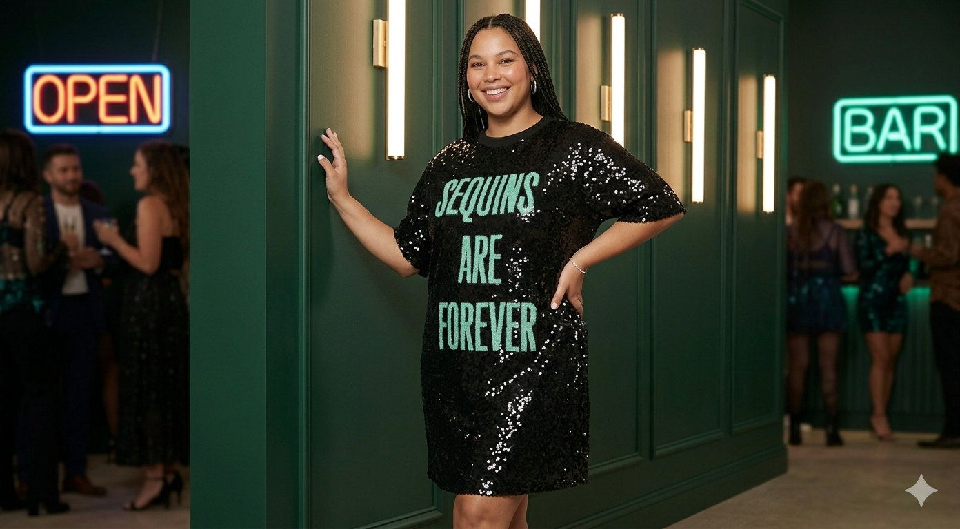 Sequins Are Forever blue text graphic crew neck black sequin pullover T-shirt