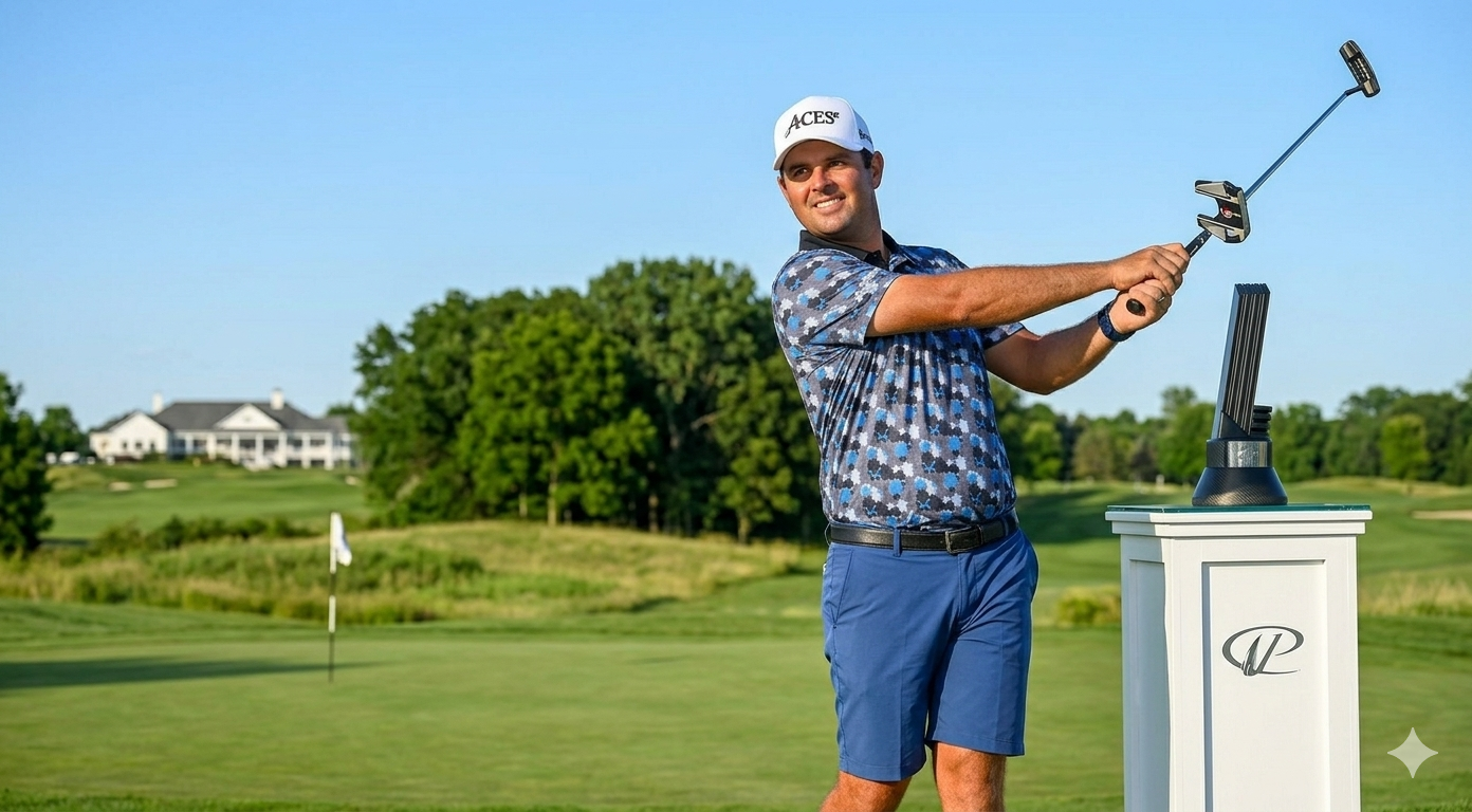 Patrick Reed 2025 LIV Golf Dallas blue camo abstract performance polo shirt with navy collar