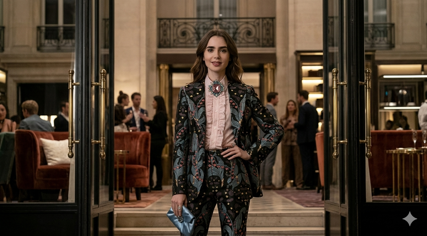 Lily Collins Emily In Paris Season 4 dark floral blazer with gold sequin embroidery and Art Nouveau botanical print