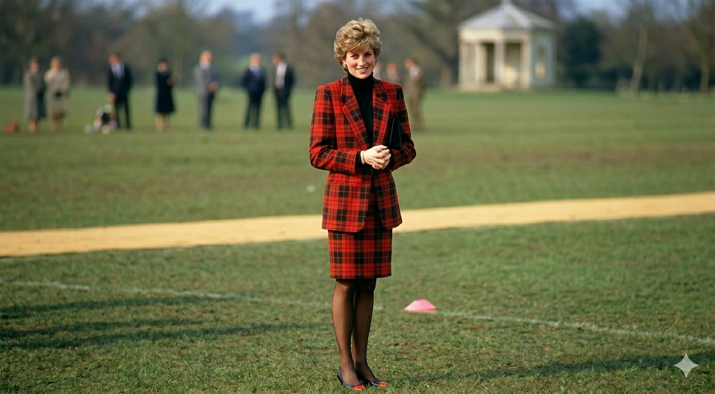 Princess Diana red and black tartan blazer with structured shoulders, notched lapel, and 1980s boxy tailored fit