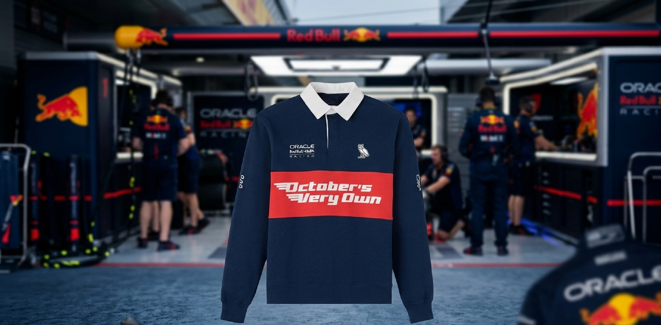 OVO x Red Bull Racing navy fleece rugby sweatshirt with white collar and red stripe