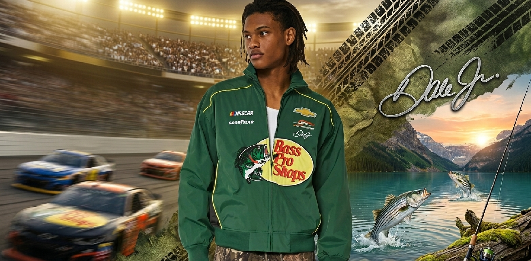 Bass Pro Shops Racing Jacket in green with bold logos and yellow piping, motorsports-inspired bomber style