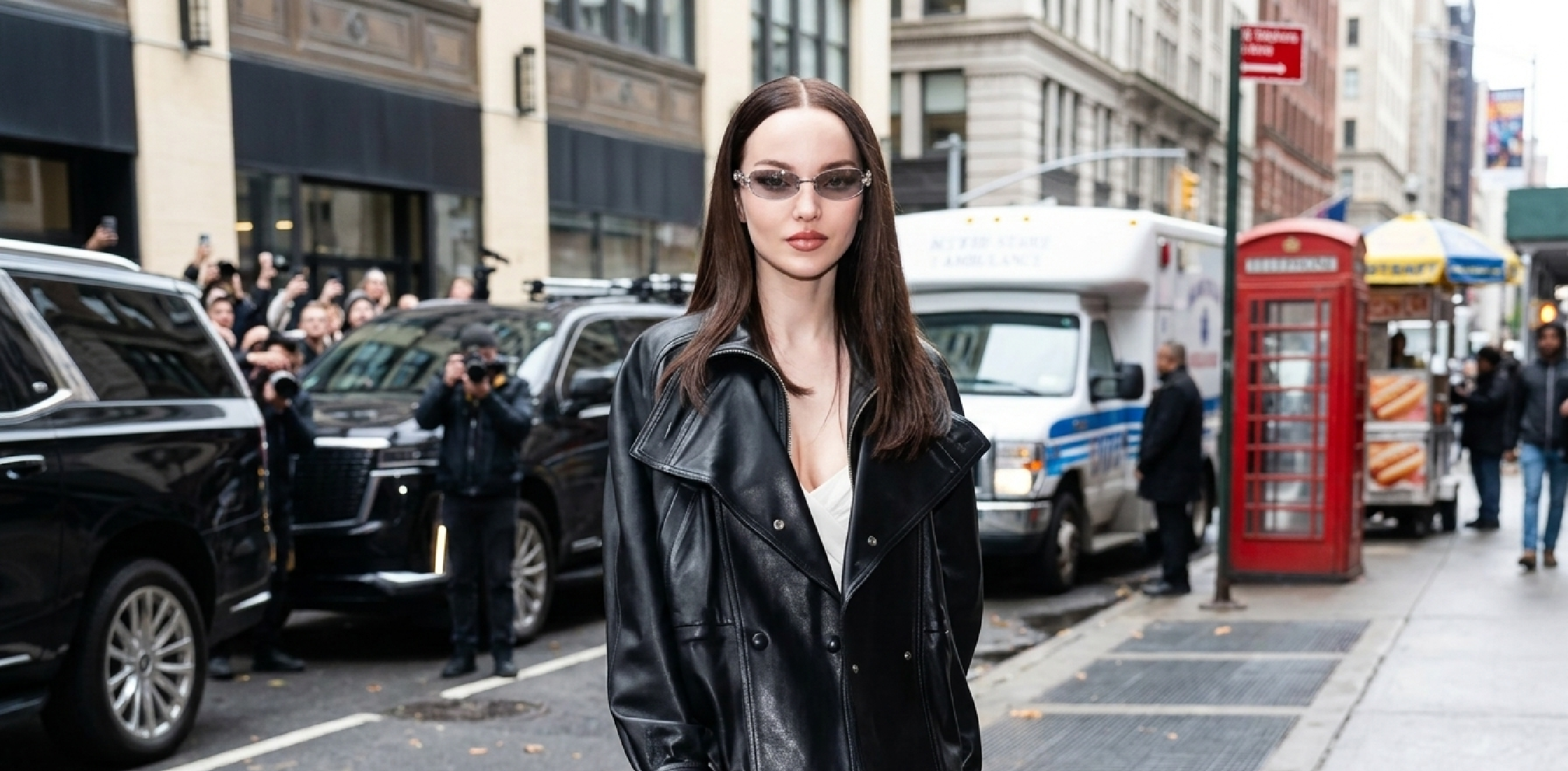 Dove Cameron oversized black leather jacket NYC street style with double-breasted design