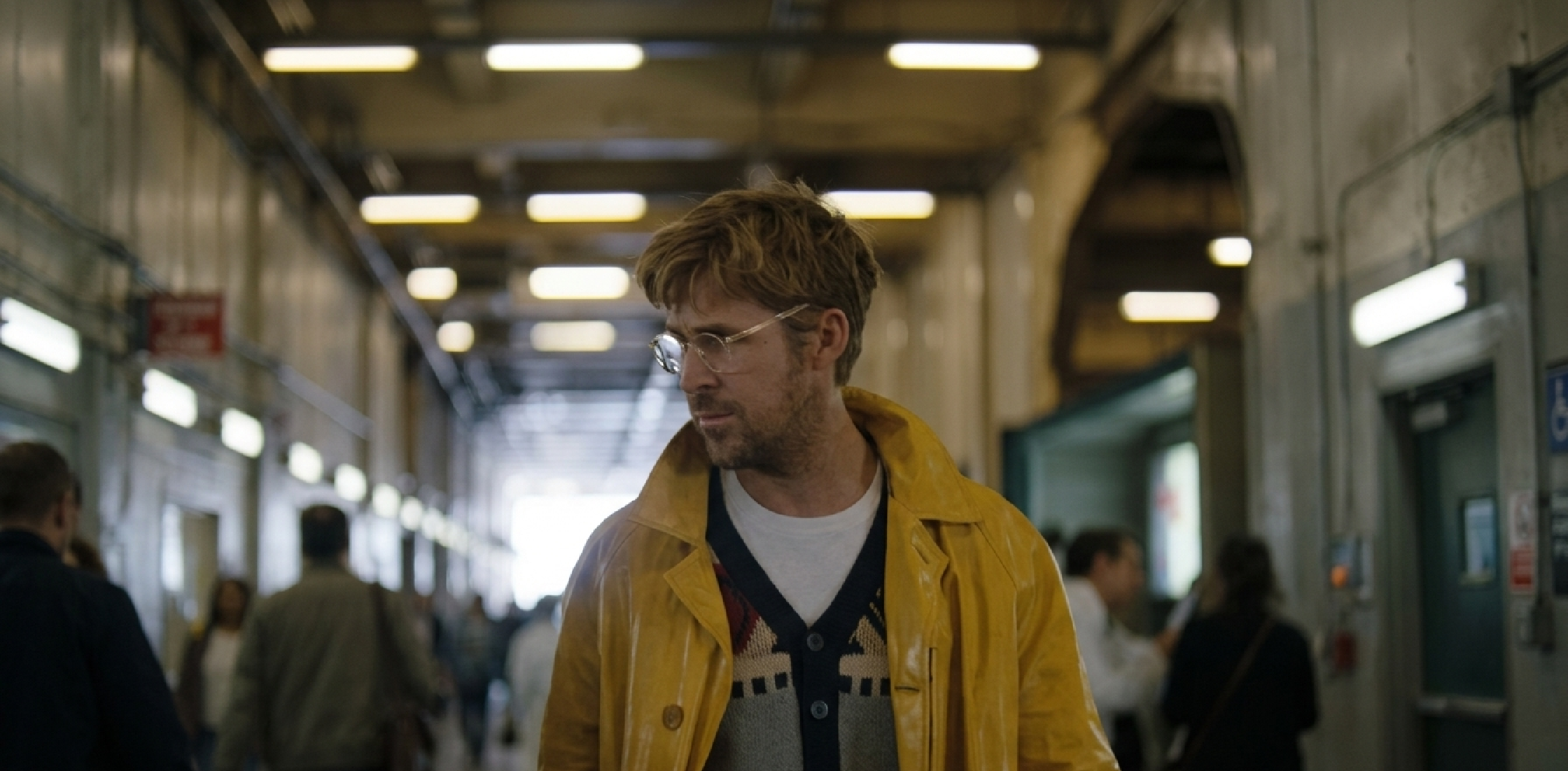 Ryan Gosling yellow leather coat Project Hail Mary Ryland Grace glossy trench style