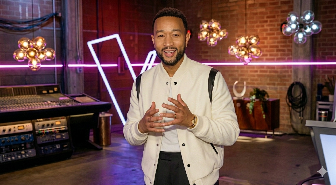 John Legend white varsity jacket with black leather piping and LEGEND back lettering from The Voice S29
