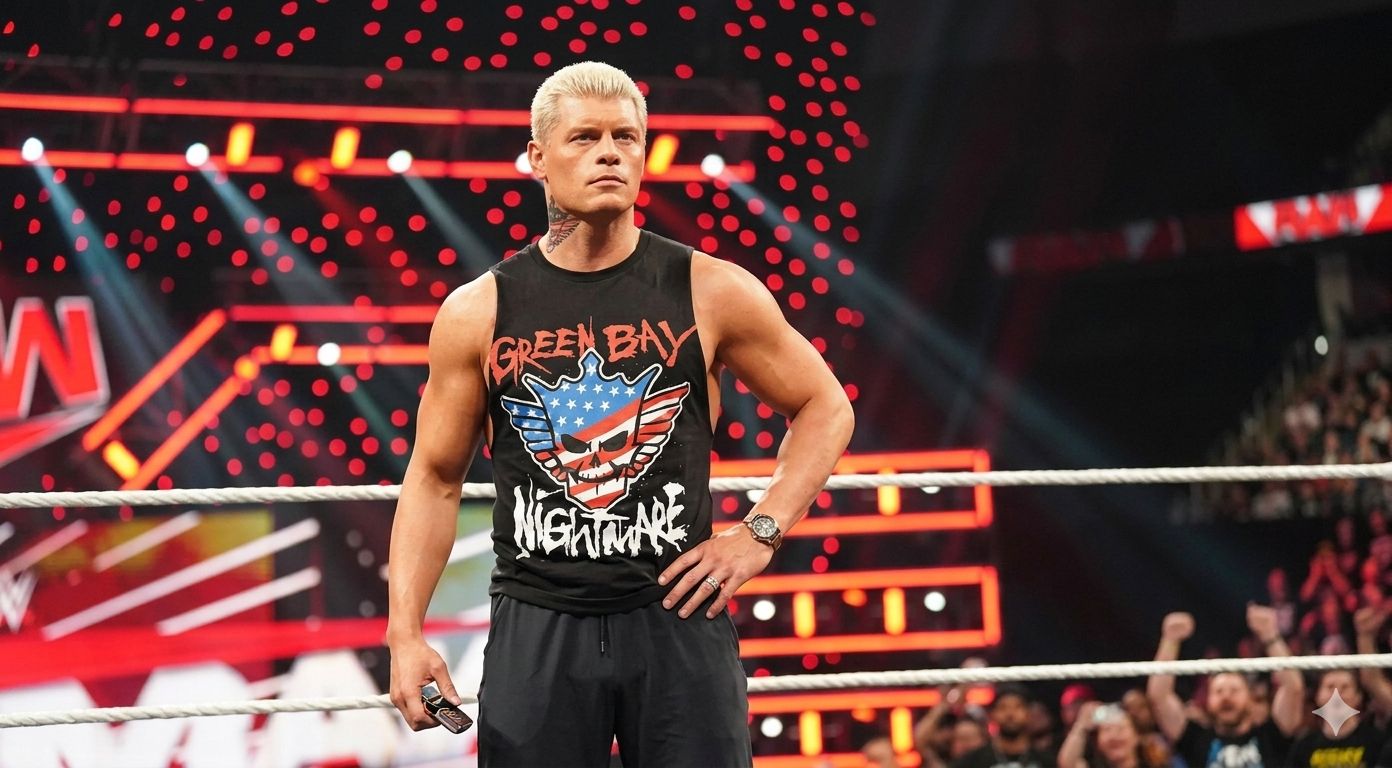 Cody Rhodes Monday Night RAW black tank top with Green Bay Nightmare skull and wings graphics