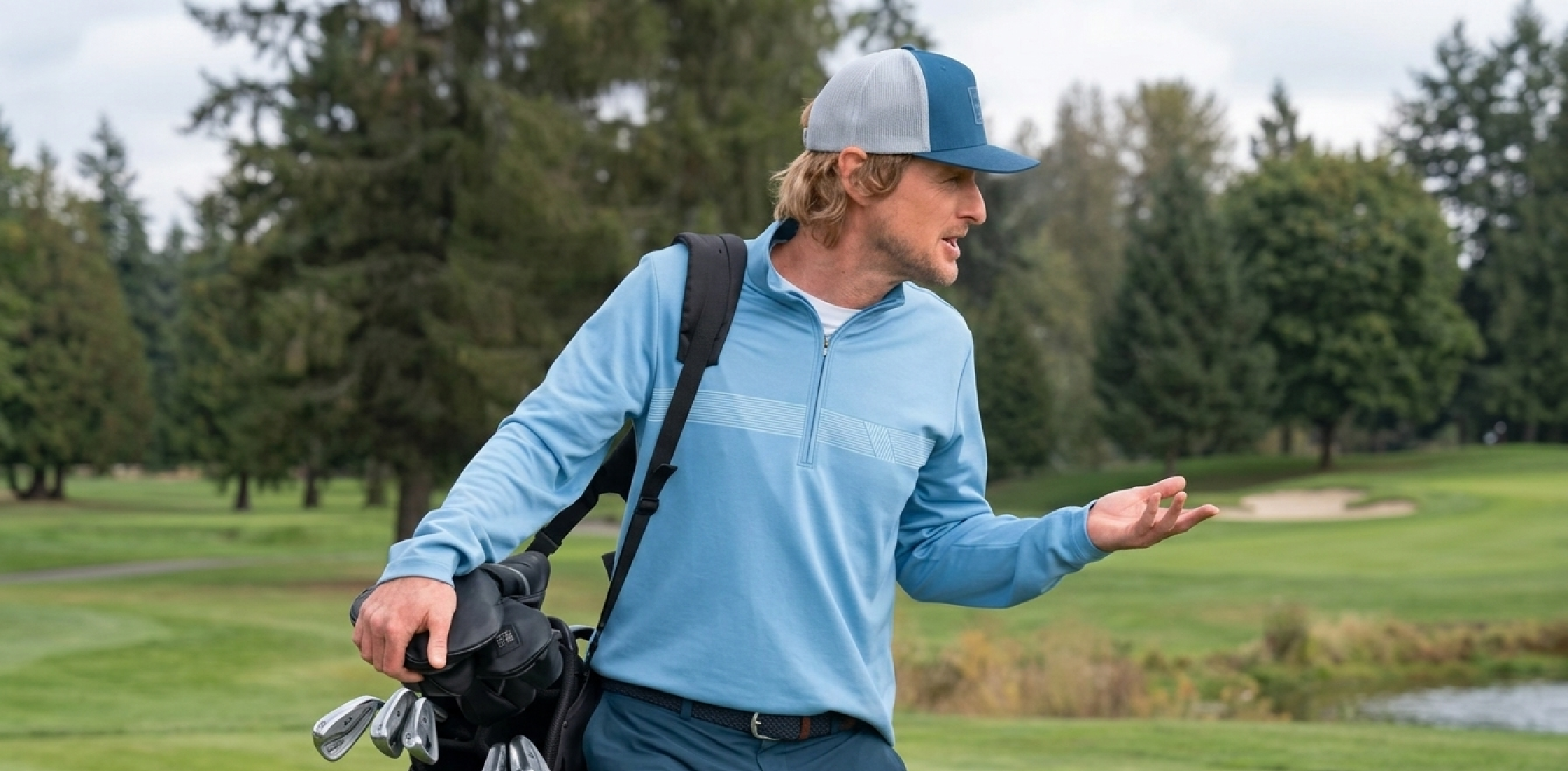 Stick S01 Owen Wilson Golf Polo Shirt Light Blue Quarter-Zip with Stacked Diamond Logo