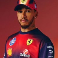 Lewis Hamilton wears a Ferrari F1 China Grand Prix 2026 T-shirt, showcasing a bold gradient racing design