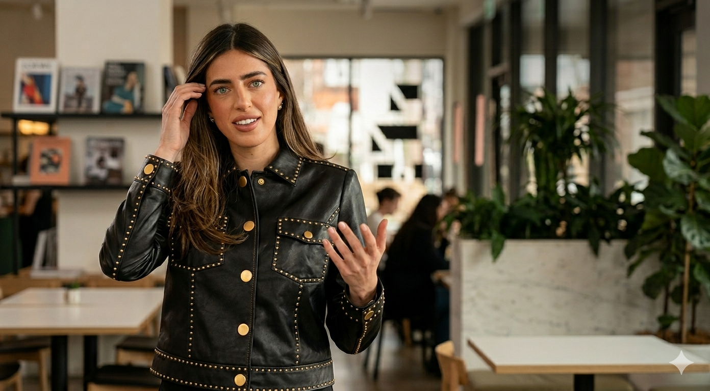 Yasmine Zweegers Made In Chelsea S30 black cropped leather jacket with gold studs