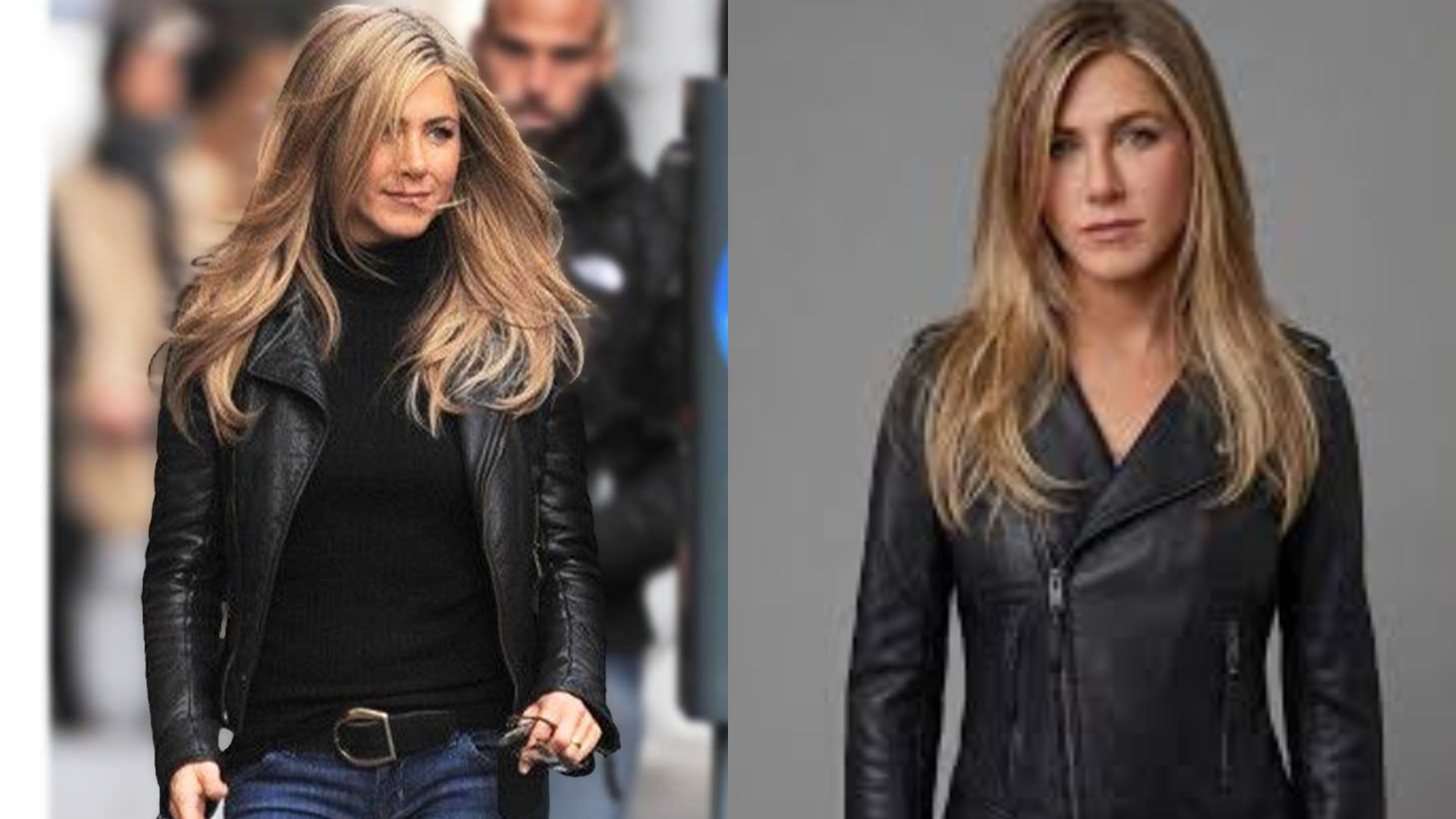 Jennifer Aniston Wanderlust black leather jacket with asymmetrical zipper and slim-fit design