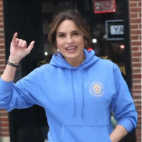 Mariska Hargitay wears a cornflower blue Special Victims Unit hoodie on the set of Law & Order: SVU in NYC