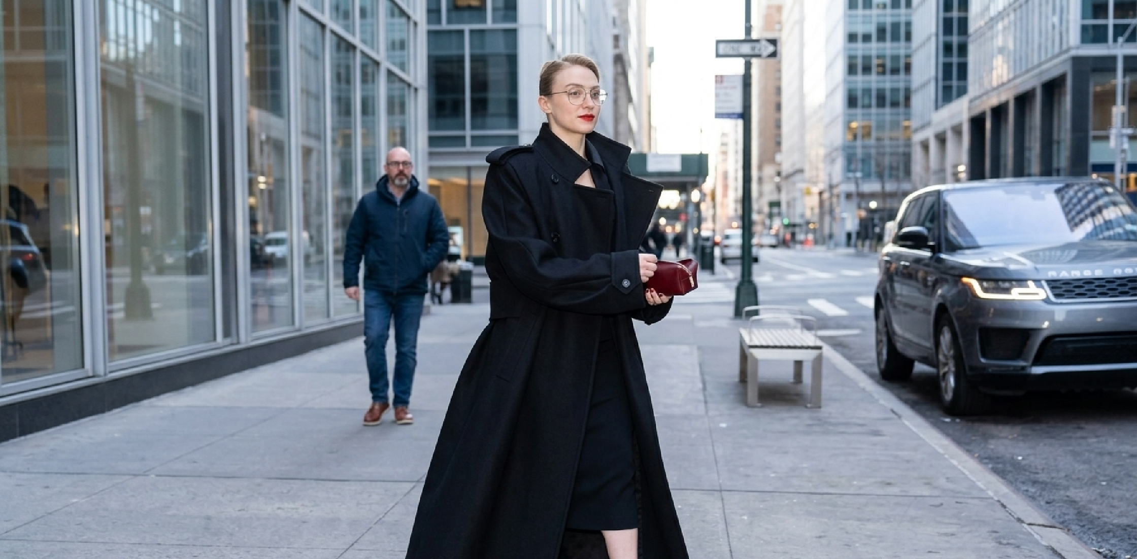 Sophie Turner wearing CBS Mornings 2026 long black trench coat in NYC street-style look