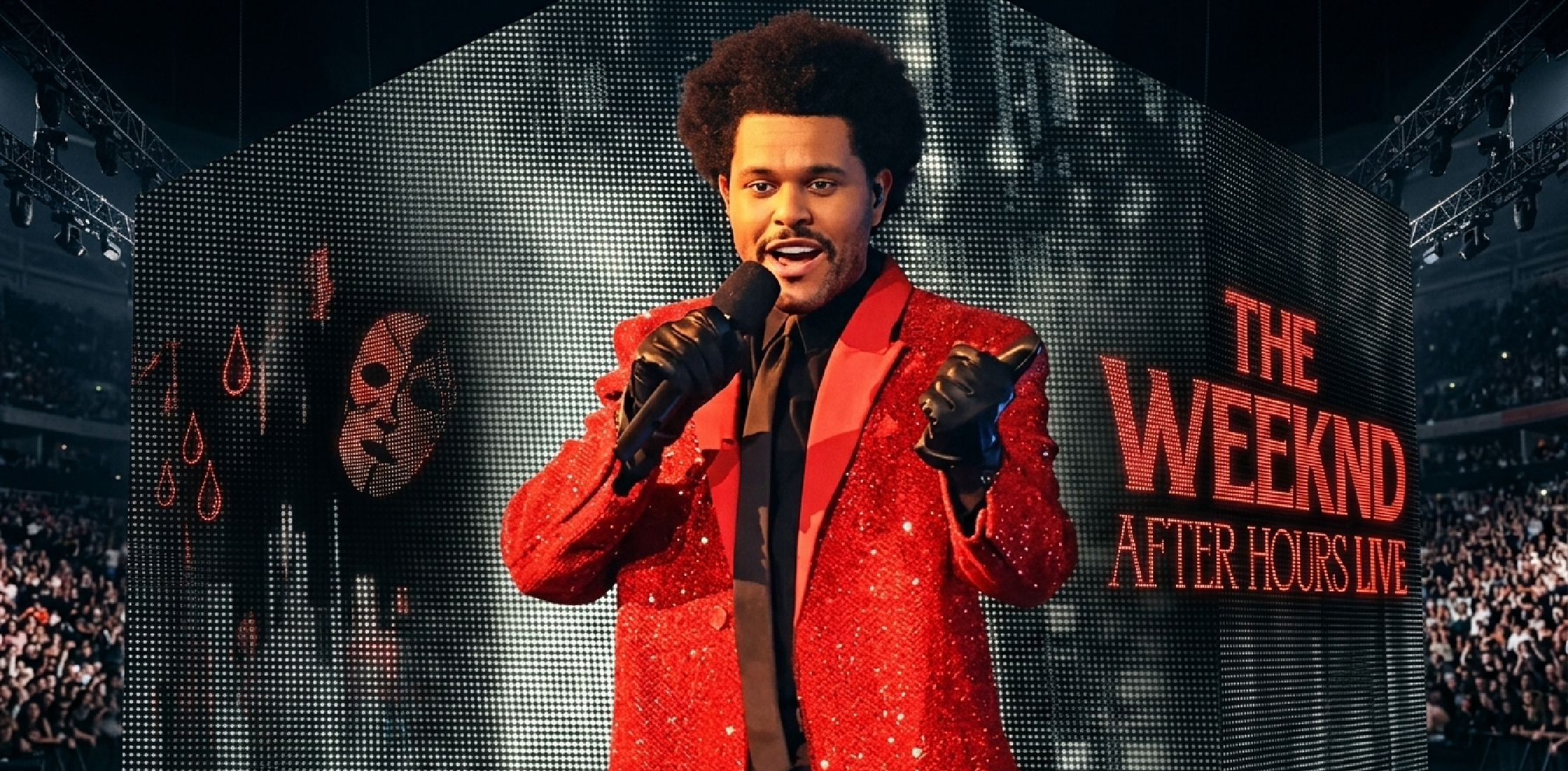 The Weeknd Super Bowl red sequin blazer with peak lapels and structured shoulders