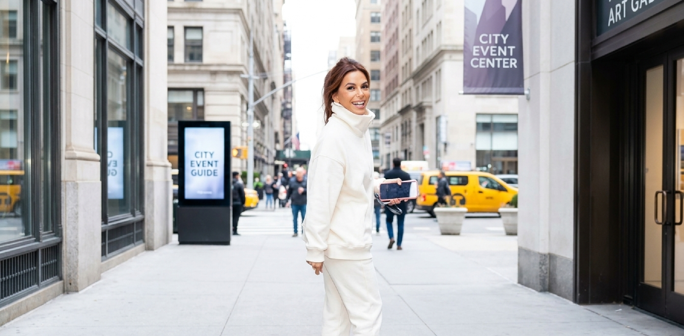 Eva Longoria wearing a New York City 2025 mock neck white jacket in chic street style