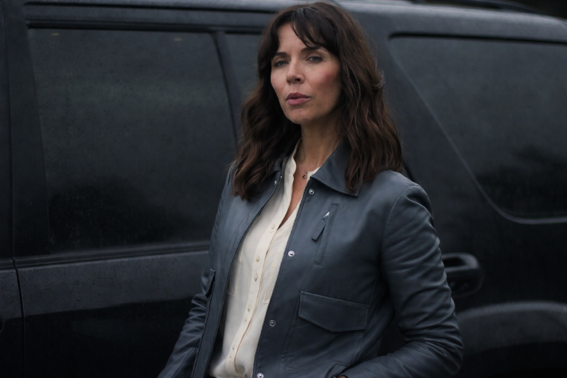 Heartland S19 Lou Fleming black leather jacket with cropped moto style and diagonal zipper