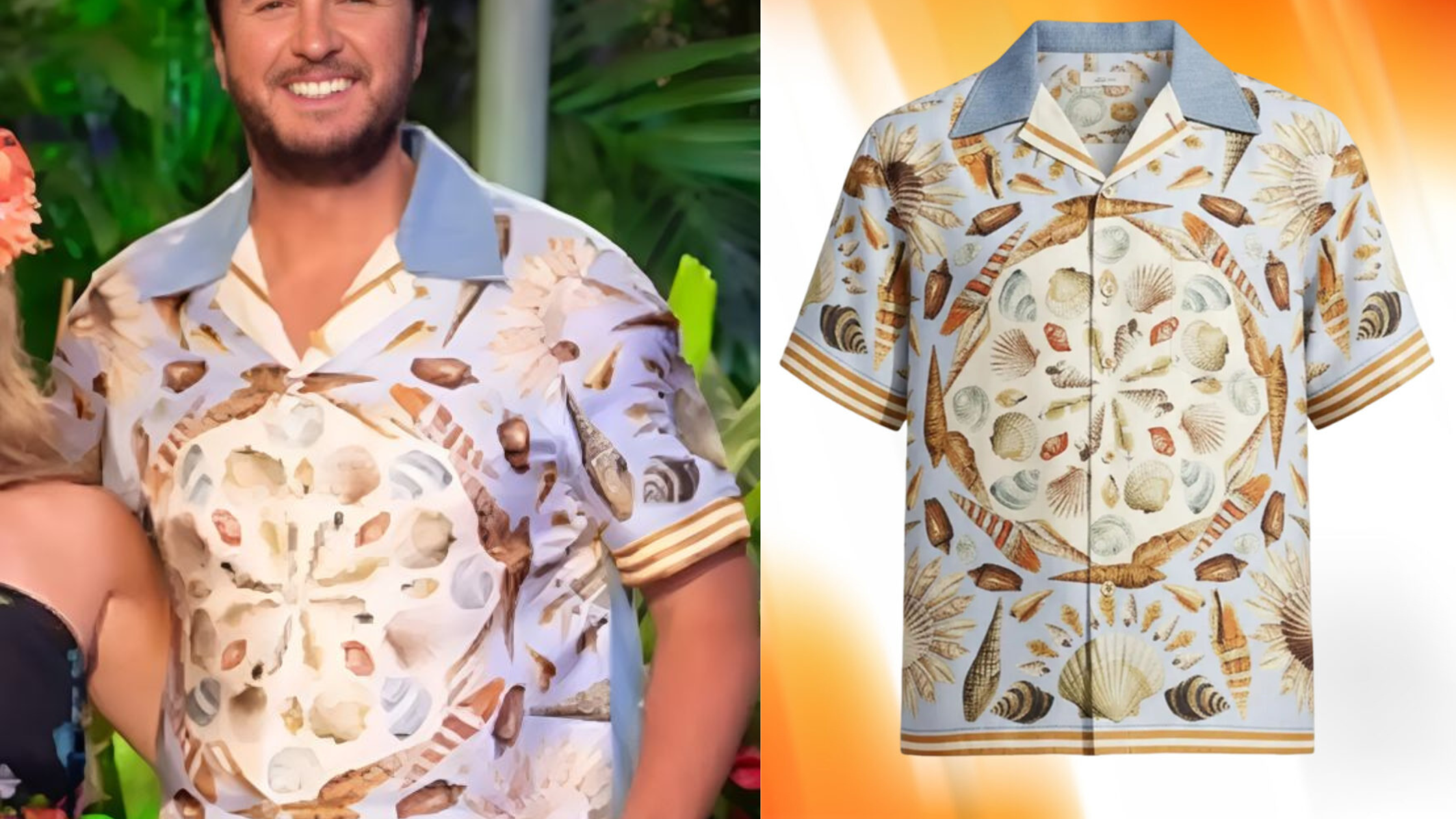 American Idol S24 Luke Bryan cerulean blue marine shell medallion print Hawaiian shirt with denim collar