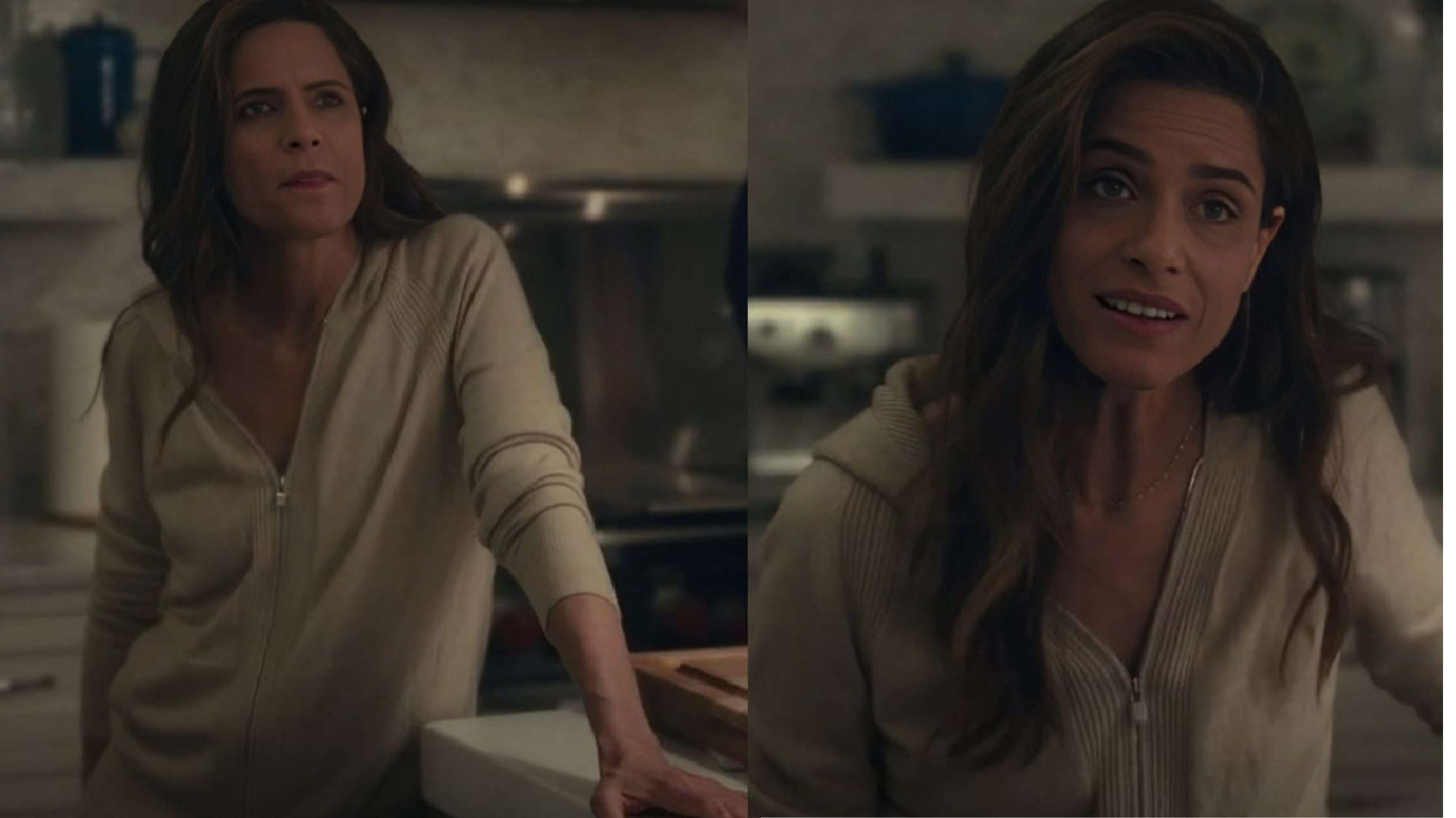 Your Friends and Neighbors Amanda Peet beige knit zip-up hoodie with tailored fit and minimalist design