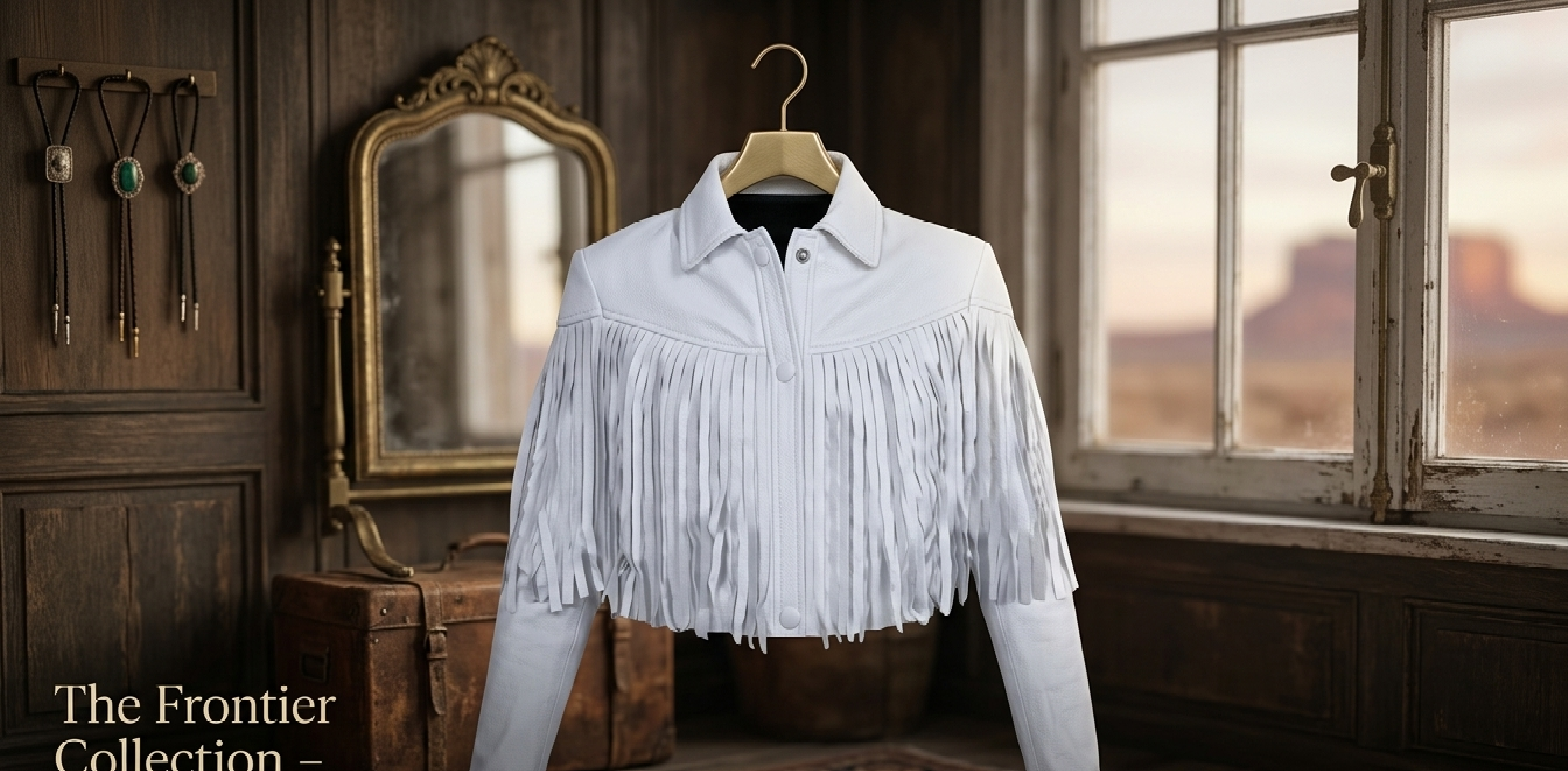 Sloane Peterson white fringe leather jacket from Ferris Bueller’s Day Off with V-shaped yoke and Western-inspired design