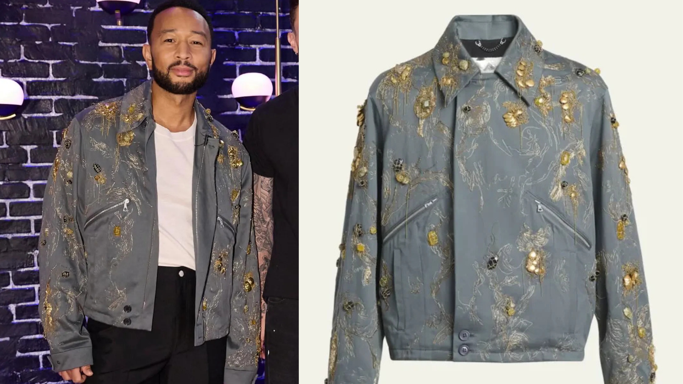 The Voice S29 John Legend grey embellished cropped jacket with gold bead, sequin embellishments, and tonal floral embroidery