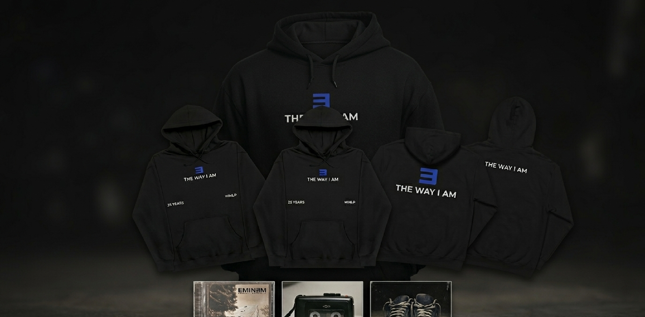 Eminem MMLP25 Hoodie in black with blue E logo and 25-year tribute design
