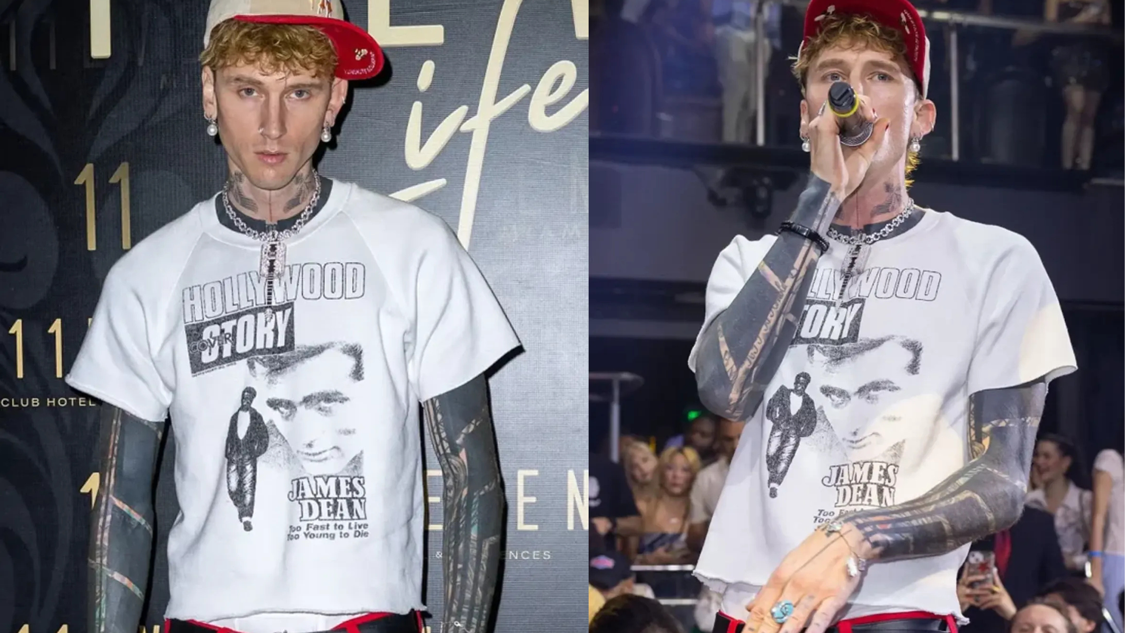 MGK E11EVEN Miami white raglan T-shirt with raw hem and James Dean vintage graphic print