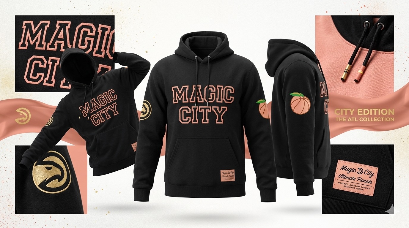 2026 Atlanta Hawks Magic City Hoodie Black Pullover with Peach and Gold Details