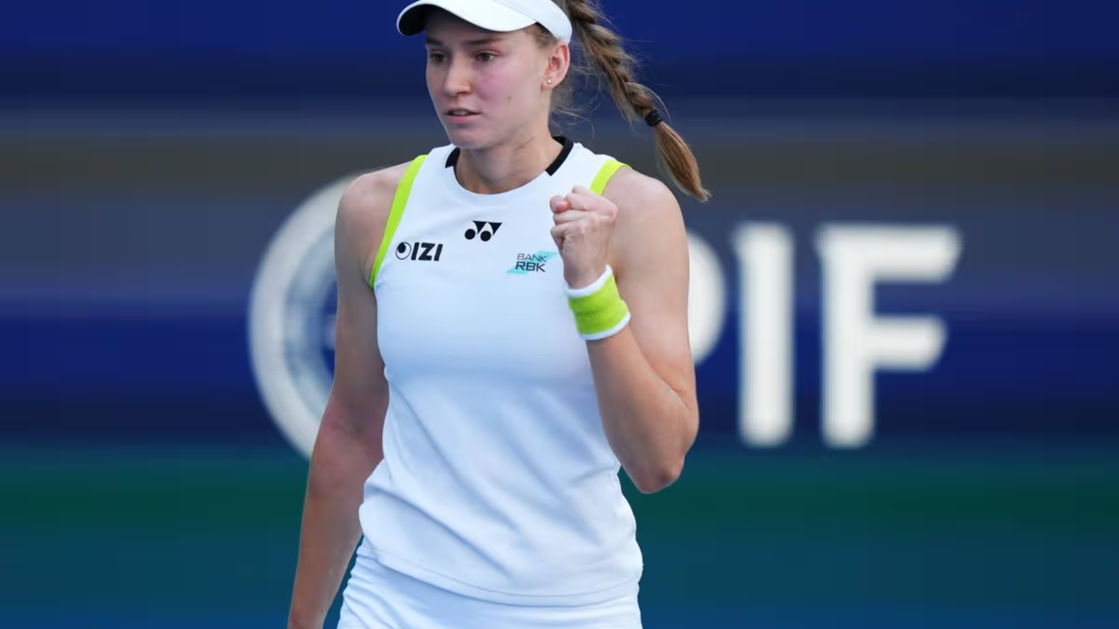 Elena Rybakina Miami Open 2026 White Sleeveless Tennis Top with Neon Yellow Trim