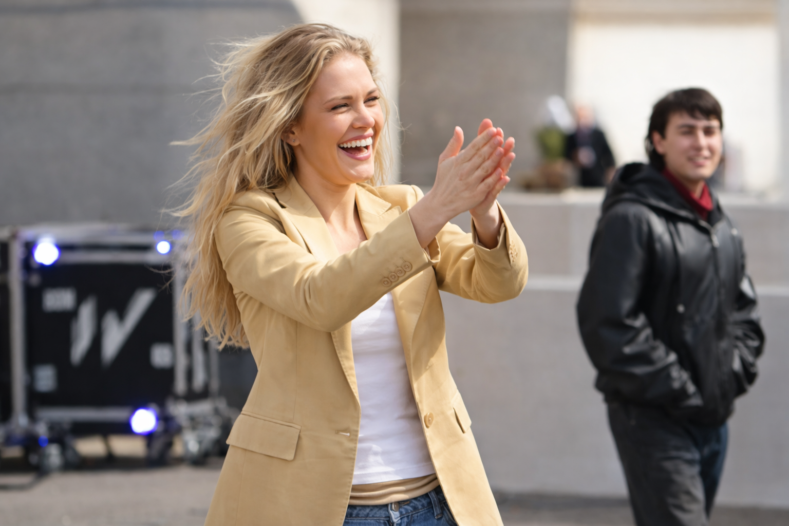 Michelle Randolph Clashing Through The Snow 2026 yellow leather blazer with notched lapels, flap pockets, and racing stripe details