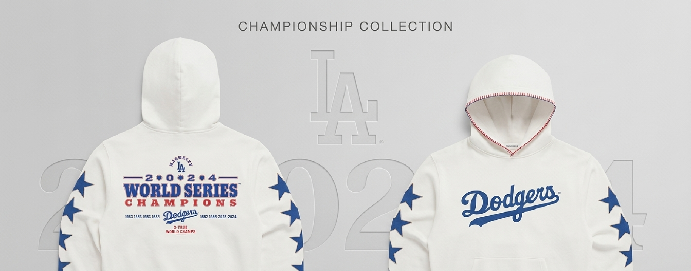LA Dodgers 2024 World Series Champions White Hoodie with Blue Script Logo and Red Accents