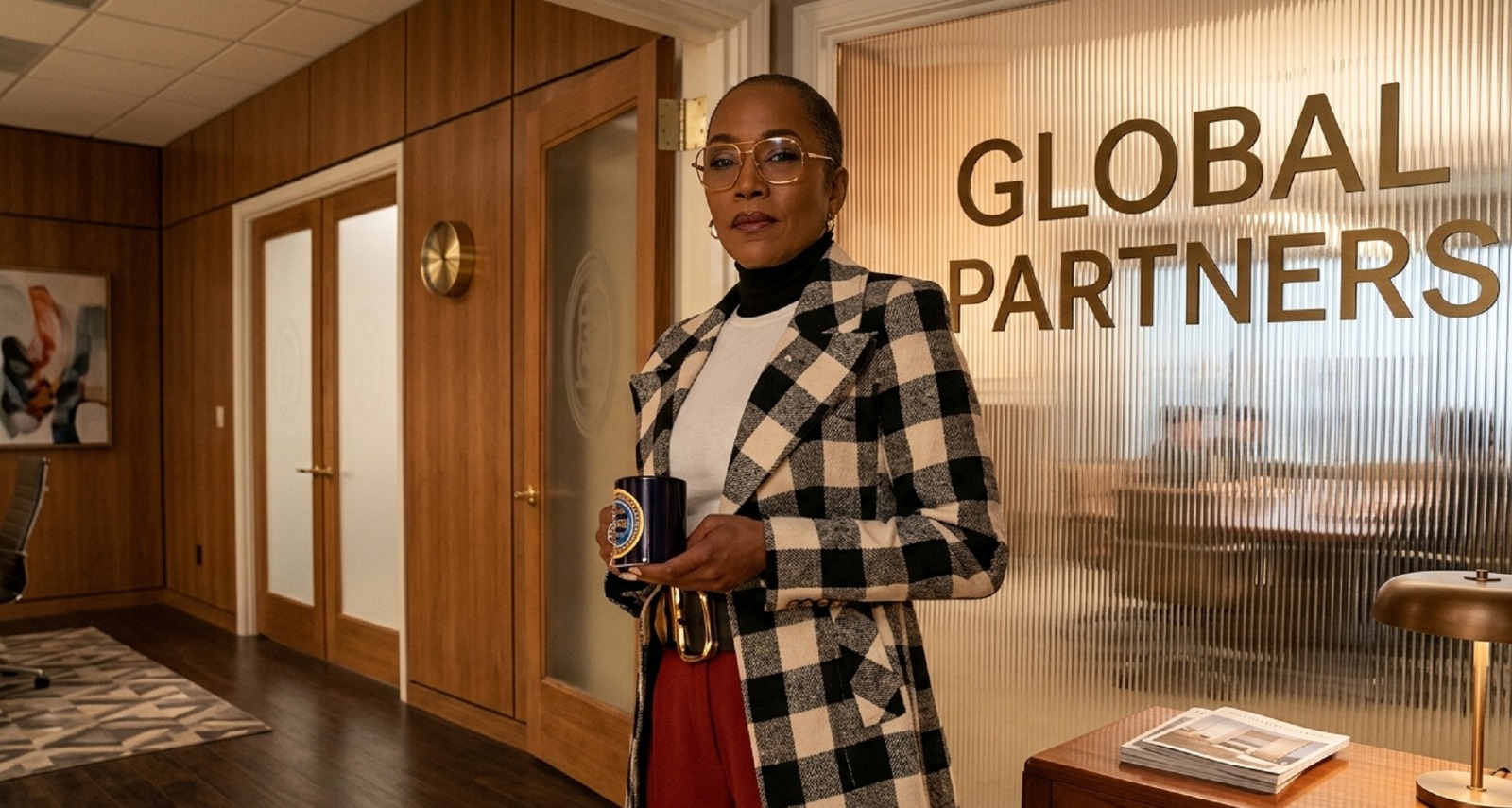 Will Trent S03 Sonja Sohn black and beige plaid blazer with peak lapels and tailored fit
