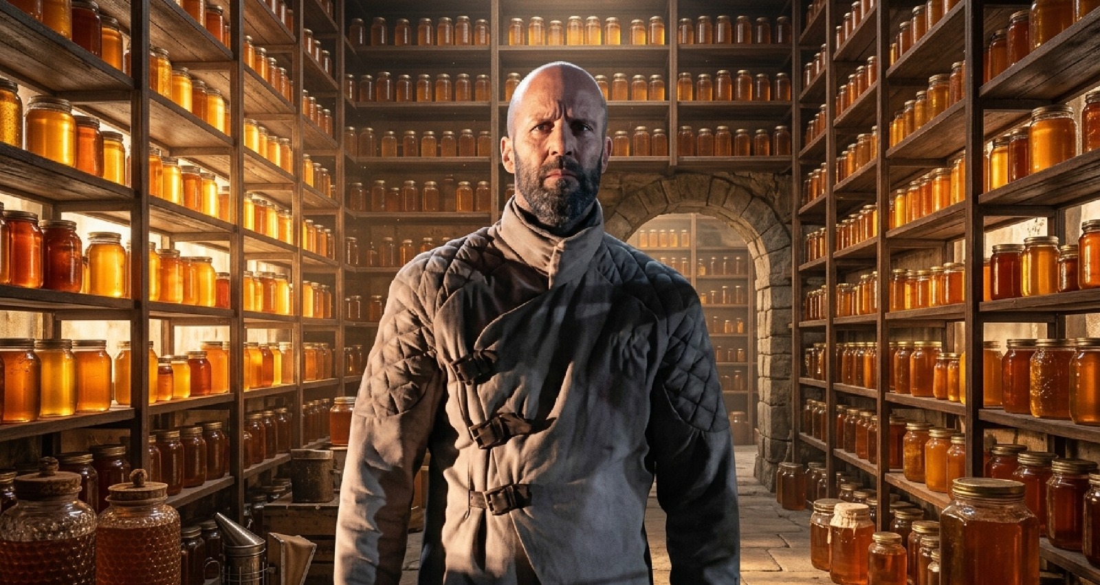 The Beekeeper 2 Jason Statham tactical grey jacket with quilted shoulders, asymmetric straps, and honeycomb logo