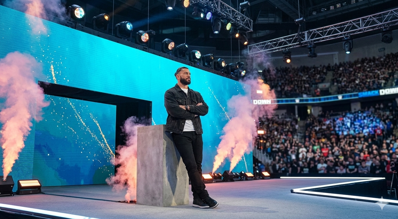 Roman Reigns Monday Night RAW 2026 washed black denim trucker jacket with chest flap pockets and button front