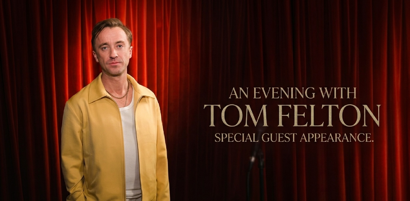 Tom Felton They Will Kill You Premiere 2026 pale yellow Harrington zipper jacket with sleek minimalist design