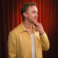 Tom Felton They Will Kill You Premiere 2026 pale yellow Harrington zipper jacket with sleek minimalist design