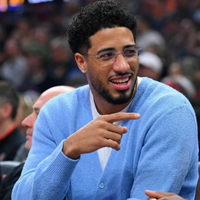 Tyrese Haliburton Rocket Arena 2025 Light Blue Oversized V-Neck Cardigan