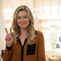 Good American Family Ellen Pompeo Rust-Brown Long-Sleeved Button-Up Shirt with Black Collar